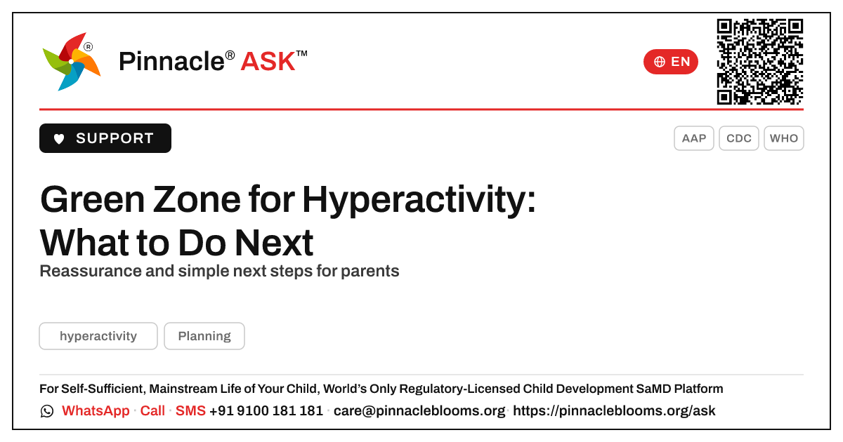 Green Zone for Hyperactivity — What Should We Do Next? — Pinnacle Ask answer card with a short explanation and QR link