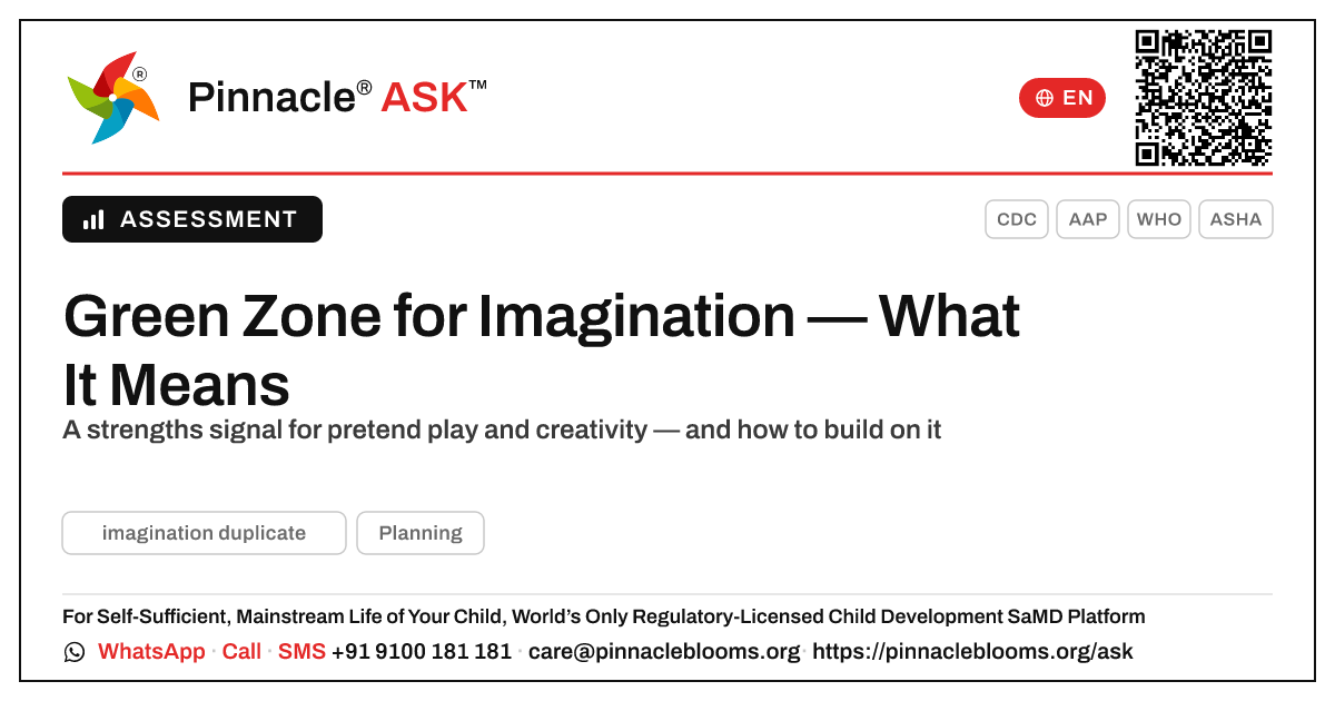Green Zone for Imagination — What It Means — Pinnacle Ask answer card with a short explanation and QR link