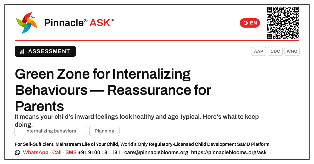 Green Zone for Internalizing Behaviours — What It Means — Pinnacle Ask answer card with a short explanation and QR link