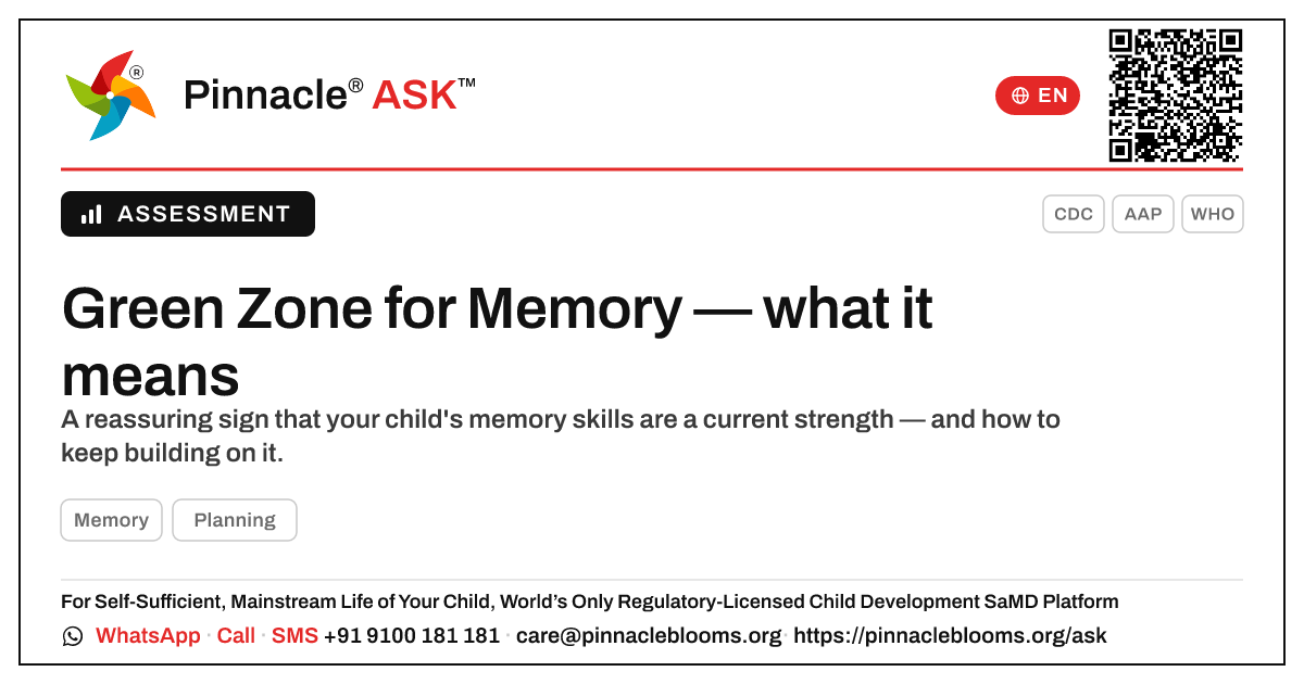 My child is in the green zone for Memory — what does that mean? — Pinnacle Ask answer card with a short explanation and QR link