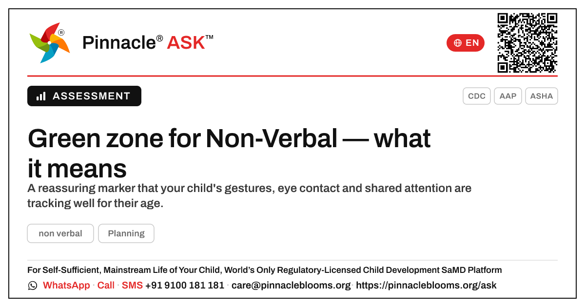 My child is in the green zone for Non-Verbal — what does that mean? — Pinnacle Ask answer card with a short explanation and QR link