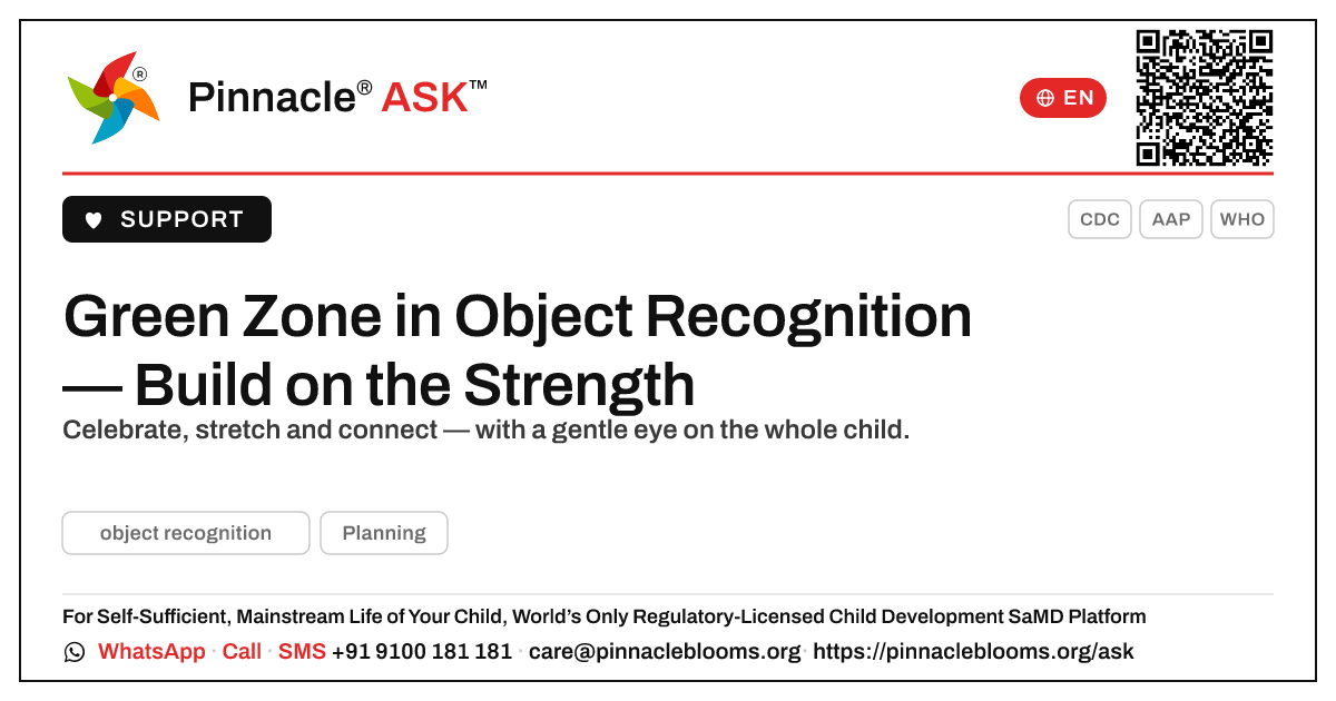 Green Zone in Object Recognition — What to Do Next — Pinnacle Ask answer card with a short explanation and QR link