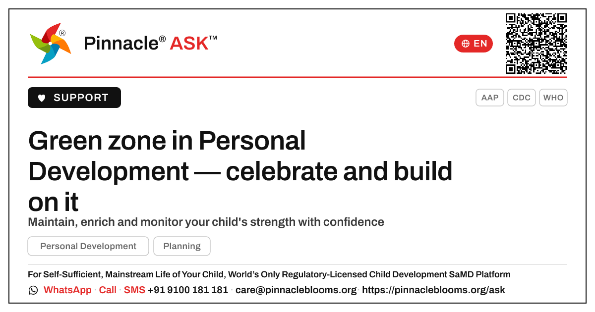 Green zone in Personal Development: what to do next — Pinnacle Ask answer card with a short explanation and QR link