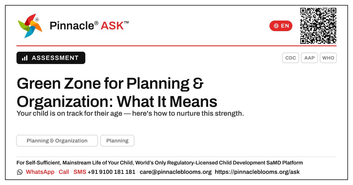 What does a green zone for Planning & Organization mean? — Pinnacle Ask answer card with a short explanation and QR link