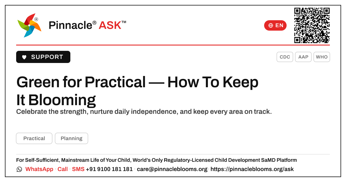 My child is in the green zone for Practical — what next? — Pinnacle Ask answer card with a short explanation and QR link
