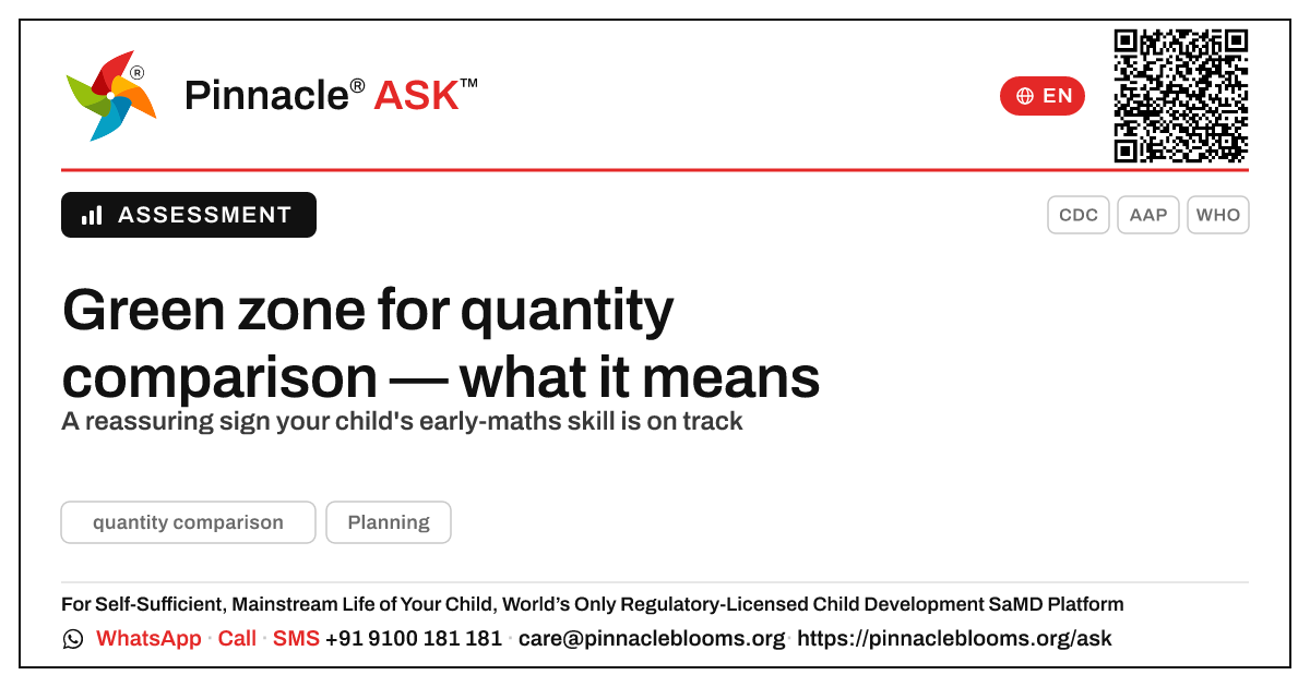 What a green zone for quantity comparison means — Pinnacle Ask answer card with a short explanation and QR link