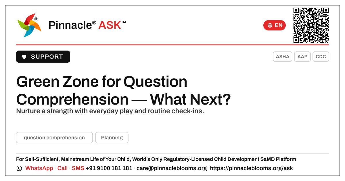 Green Zone Question Comprehension: What To Do Next — Pinnacle Ask answer card with a short explanation and QR link