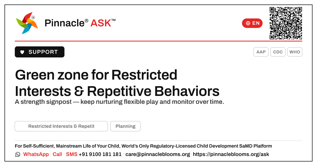 Green zone for Restricted Interests & Repetitive Behaviors — what to do next — Pinnacle Ask answer card with a short explanation and QR link