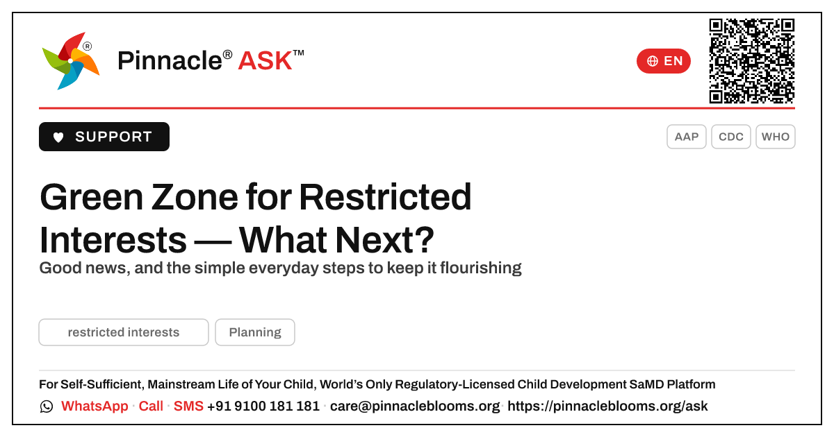 Green Zone for Restricted Interests — What to Do Next — Pinnacle Ask answer card with a short explanation and QR link