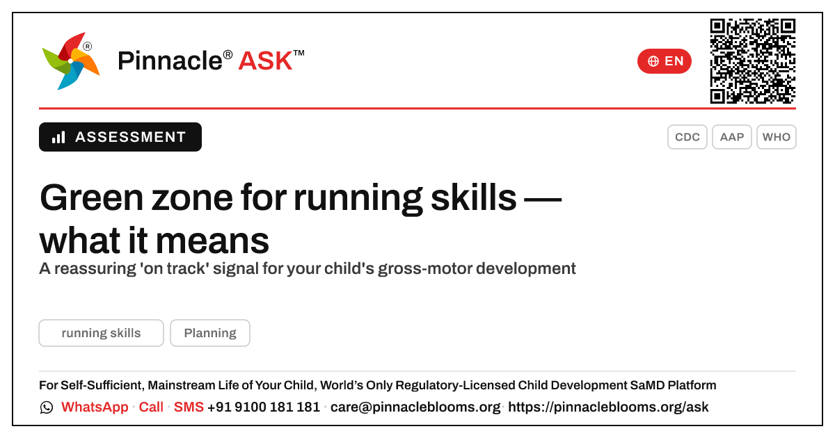My child is in the green zone for running skills — what does that mean? — Pinnacle Ask answer card with a short explanation and QR link