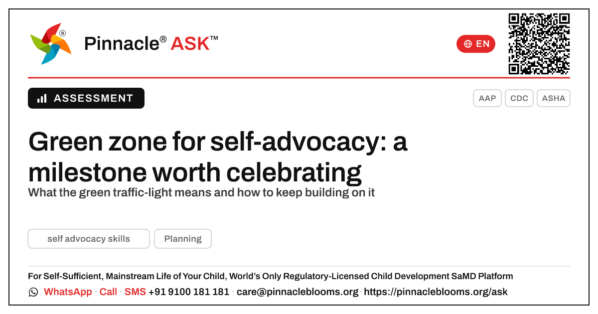 What a green zone for self-advocacy skills means — Pinnacle Ask answer card with a short explanation and QR link