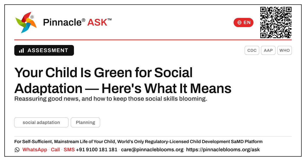 What a Green Zone for Social Adaptation Means — Pinnacle Ask answer card with a short explanation and QR link