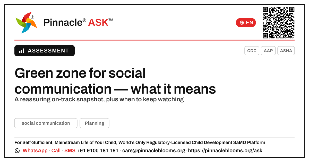 What a green zone for social communication means — Pinnacle Ask answer card with a short explanation and QR link
