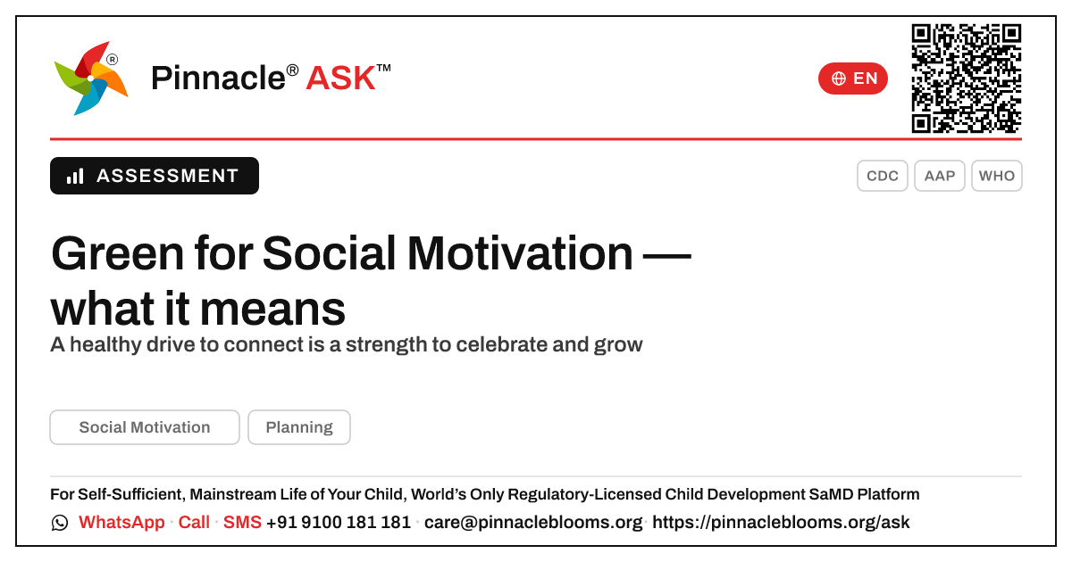 What a green zone for Social Motivation means — Pinnacle Ask answer card with a short explanation and QR link