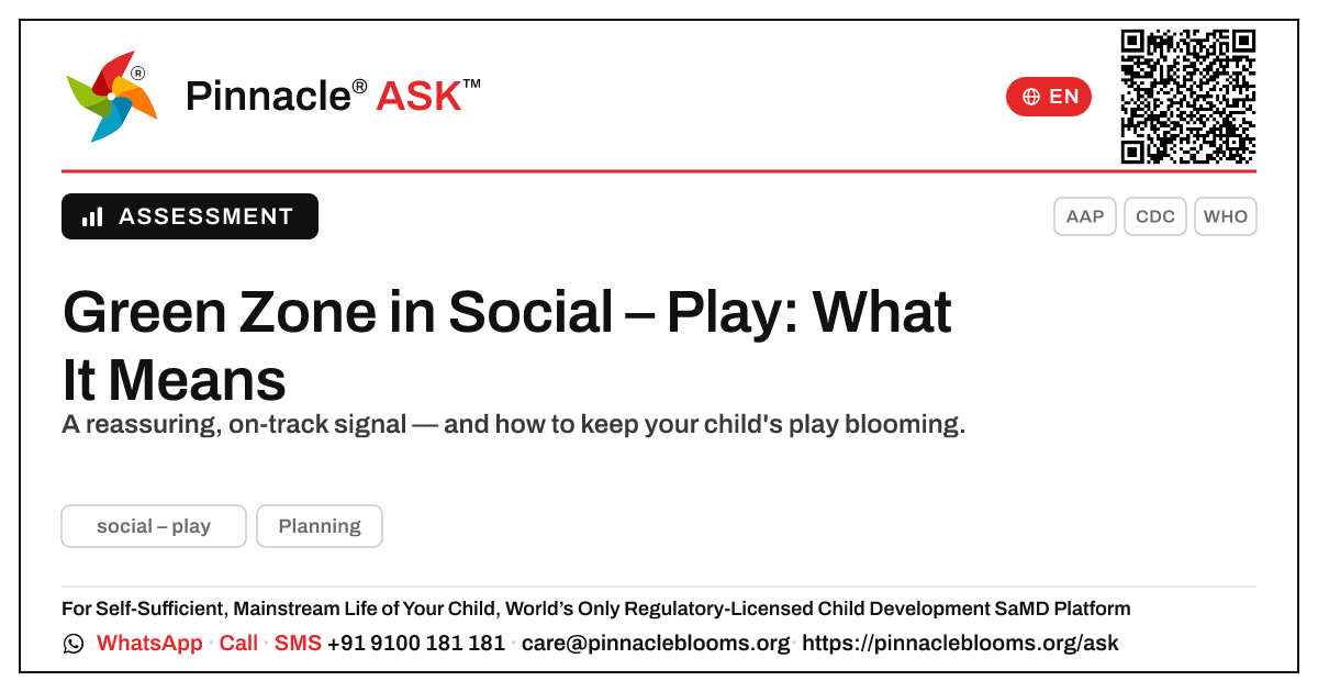 What a green zone for social – play means — Pinnacle Ask answer card with a short explanation and QR link