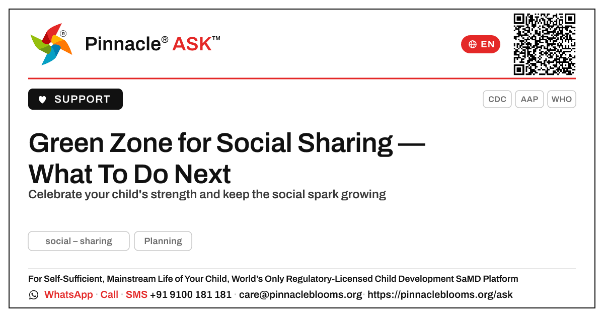 Green Zone for Social – Sharing: What To Do Next — Pinnacle Ask answer card with a short explanation and QR link