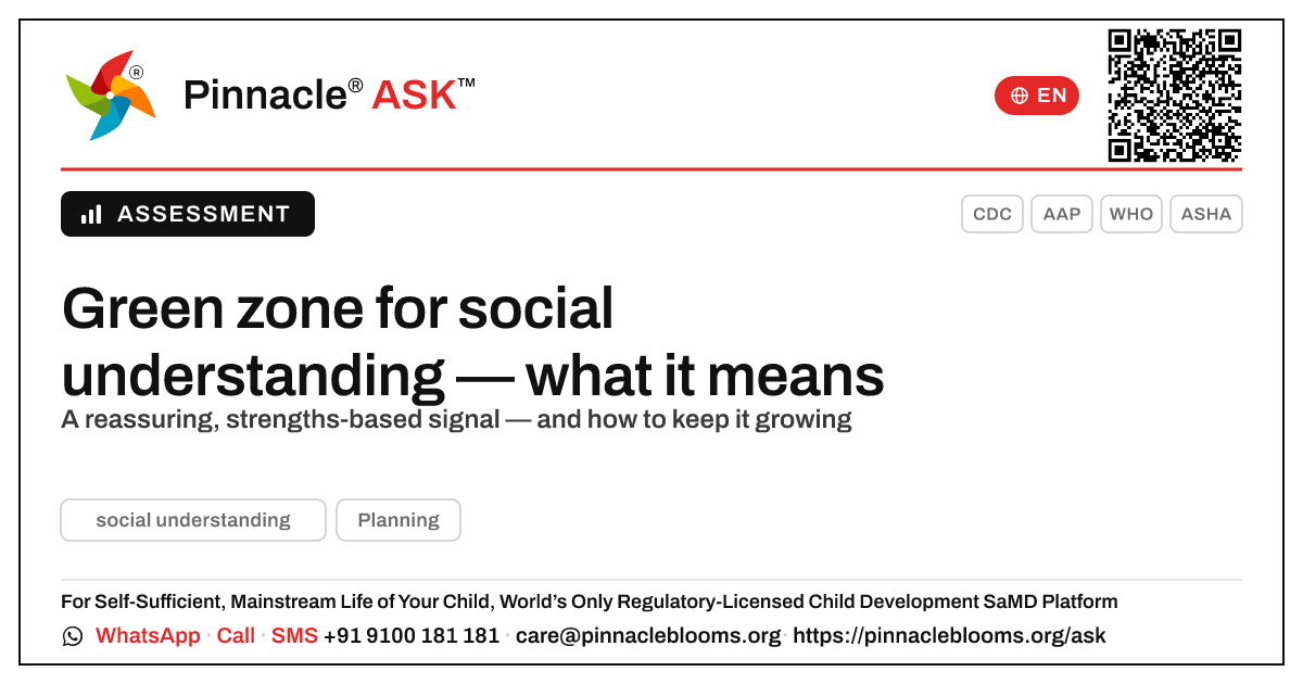 What a green zone for social understanding means — Pinnacle Ask answer card with a short explanation and QR link