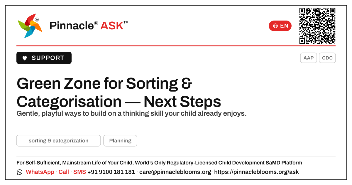 Green zone for sorting & categorisation: what to do next — Pinnacle Ask answer card with a short explanation and QR link