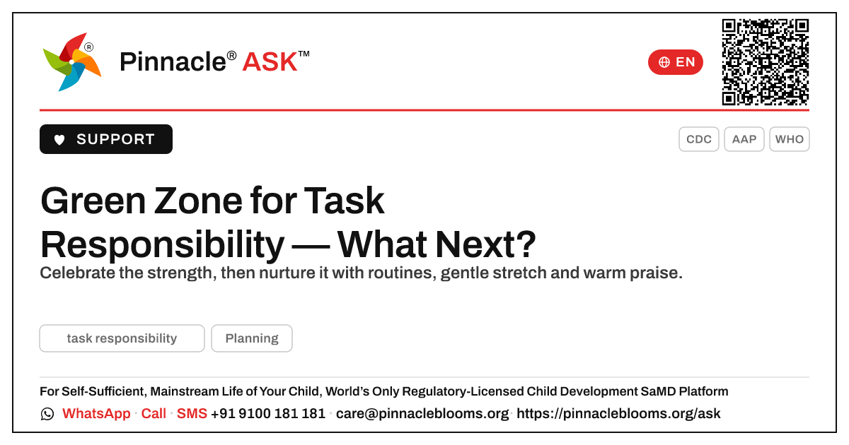 Green Zone for Task Responsibility — What to Do Next — Pinnacle Ask answer card with a short explanation and QR link
