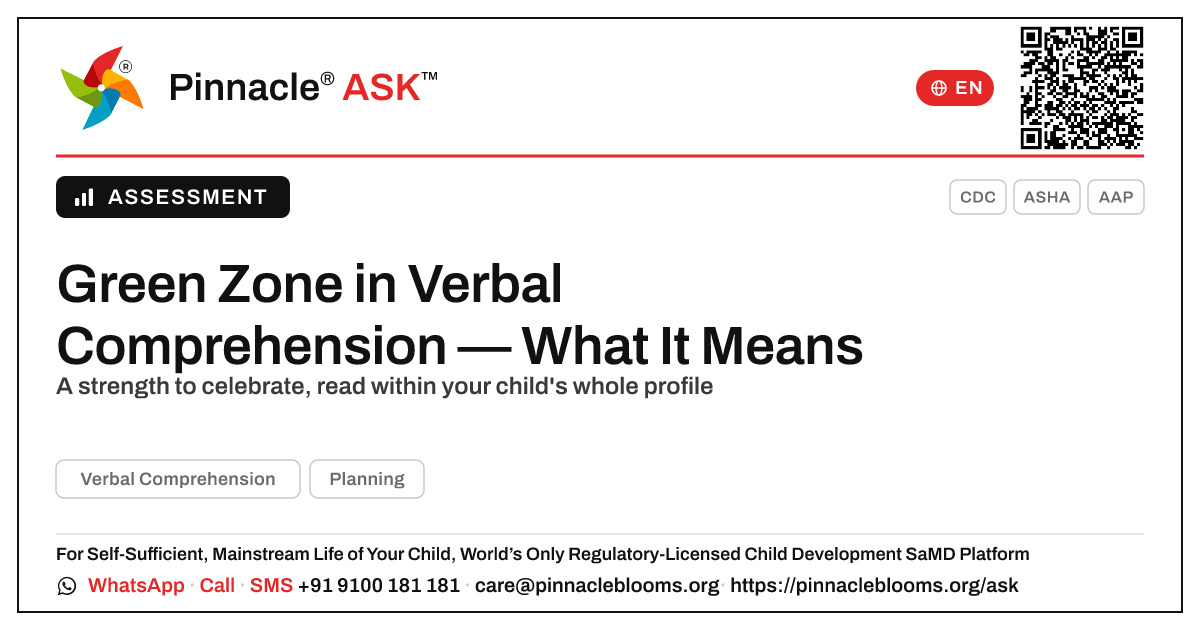 Green Zone in Verbal Comprehension — What It Means — Pinnacle Ask answer card with a short explanation and QR link