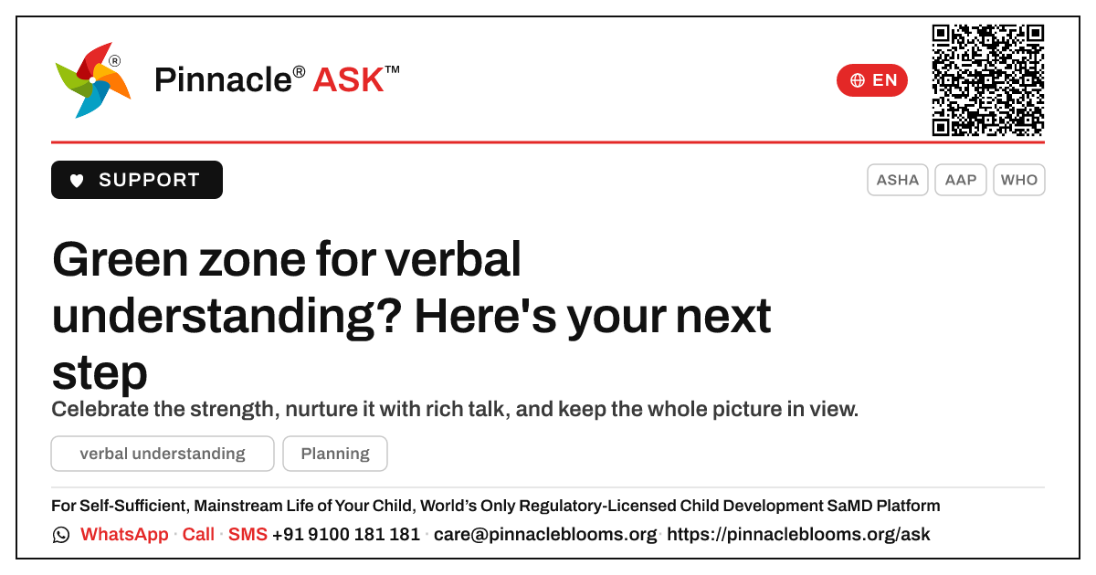 Green zone for verbal understanding — what to do next — Pinnacle Ask answer card with a short explanation and QR link