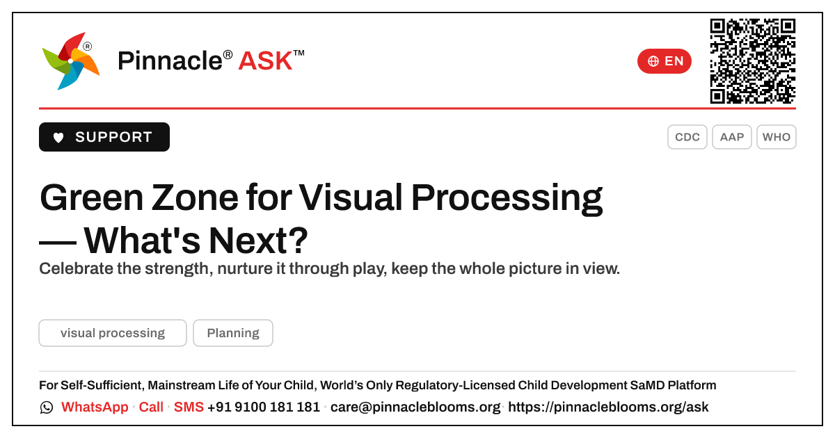 Green Zone for Visual Processing — What to Do Next — Pinnacle Ask answer card with a short explanation and QR link