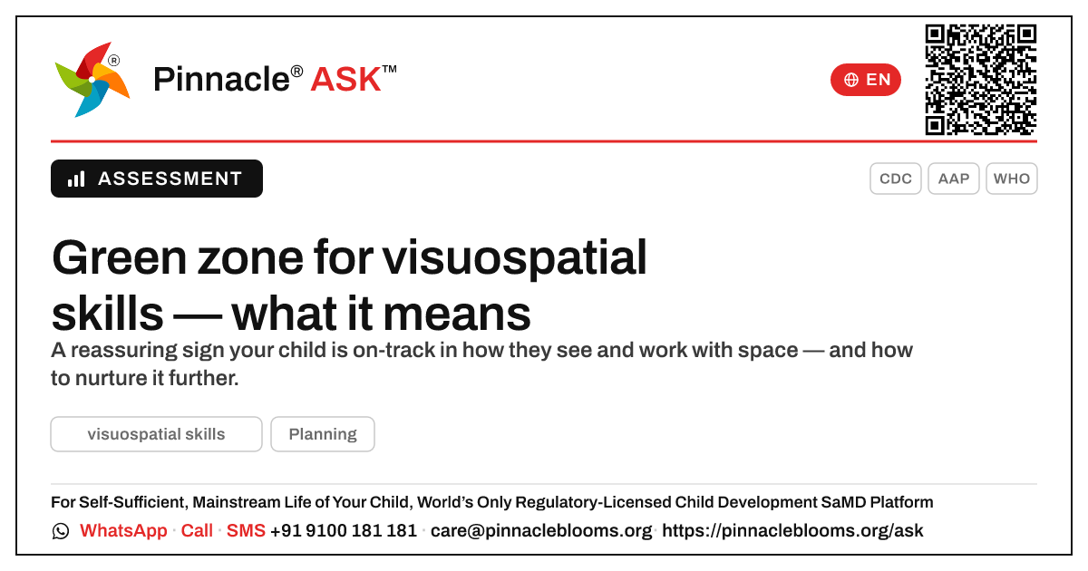 What a green zone for visuospatial skills means — Pinnacle Ask answer card with a short explanation and QR link