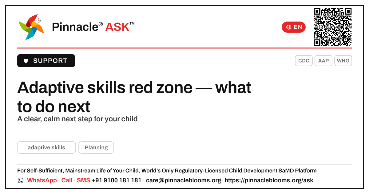 Adaptive skills red zone — next steps — Pinnacle Ask answer card with a short explanation and QR link