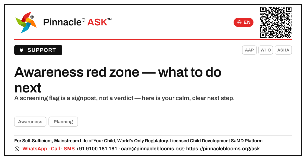 Awareness red zone — your next steps — Pinnacle Ask answer card with a short explanation and QR link
