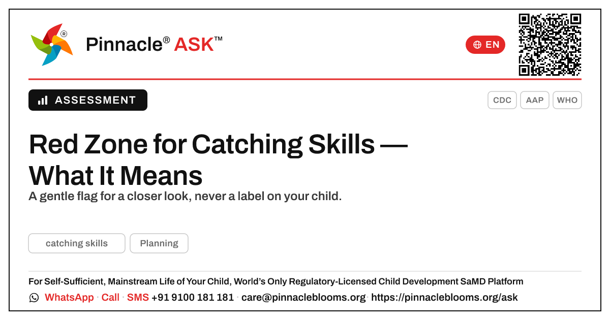 What a red zone for catching skills means — Pinnacle Ask answer card with a short explanation and QR link