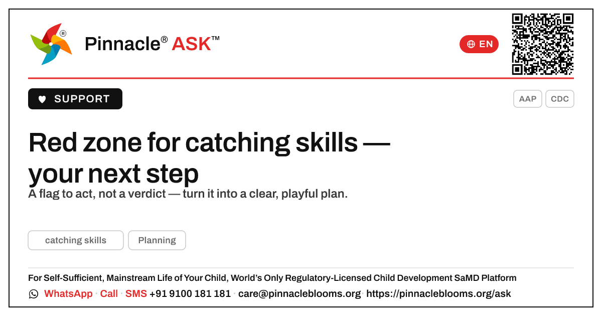 Red zone for catching skills — what to do next — Pinnacle Ask answer card with a short explanation and QR link