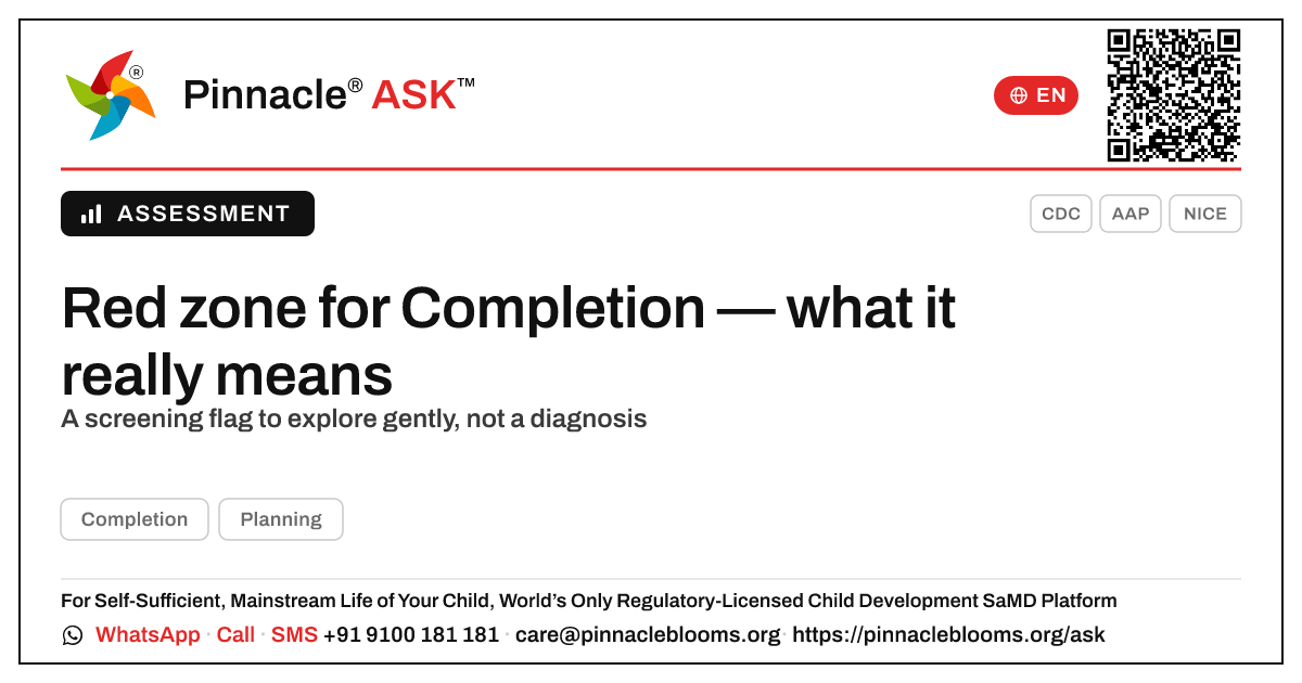 Red zone for Completion: what it means — Pinnacle Ask answer card with a short explanation and QR link