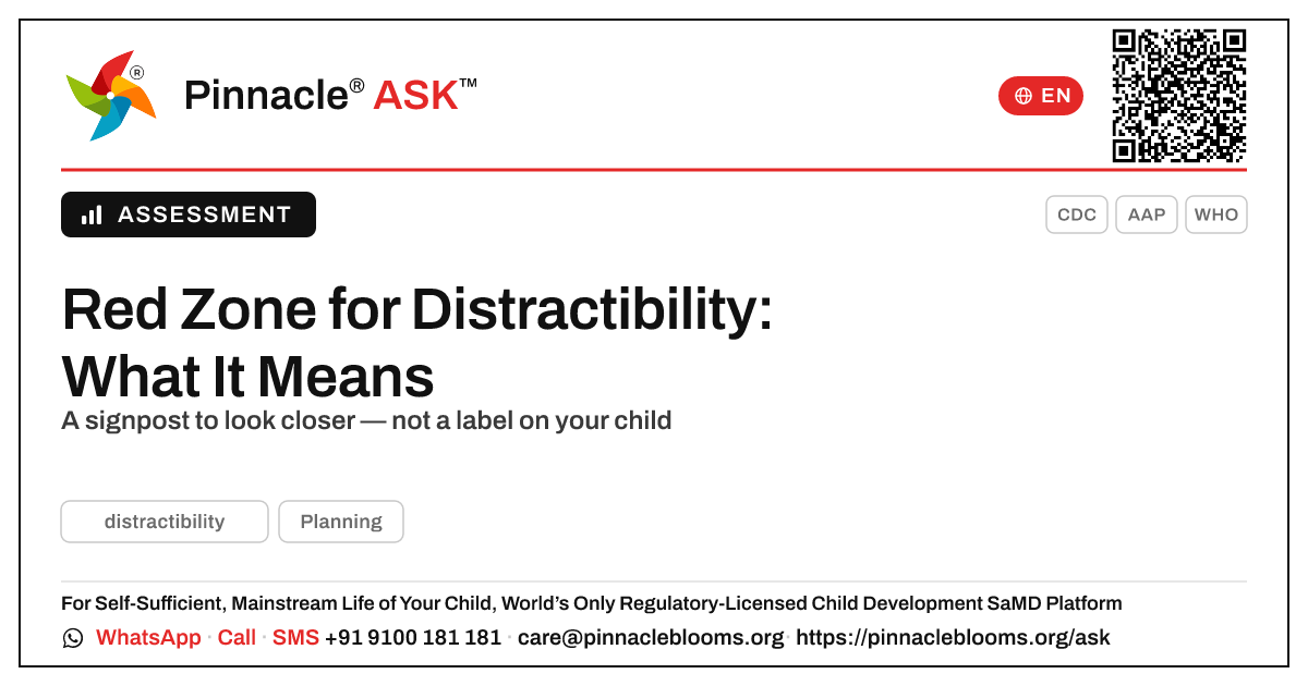 Red Zone for Distractibility — What It Means — Pinnacle Ask answer card with a short explanation and QR link