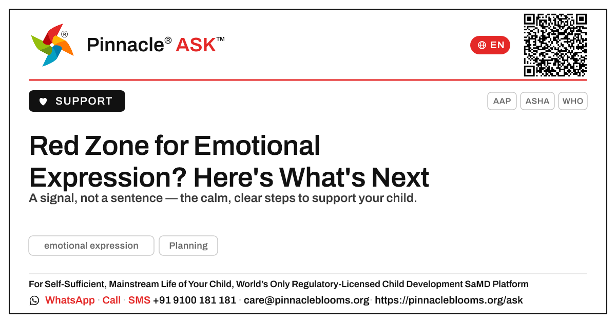 Red Zone for Emotional Expression — What to Do Next — Pinnacle Ask answer card with a short explanation and QR link