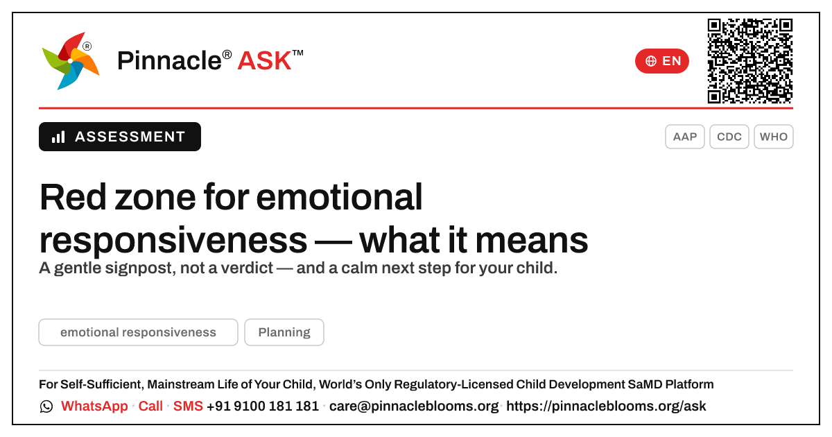 What a red zone for emotional responsiveness means — Pinnacle Ask answer card with a short explanation and QR link
