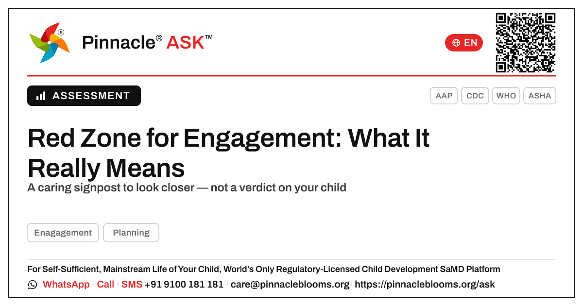My child is in the red zone for Engagement — what does that mean? — Pinnacle Ask answer card with a short explanation and QR link