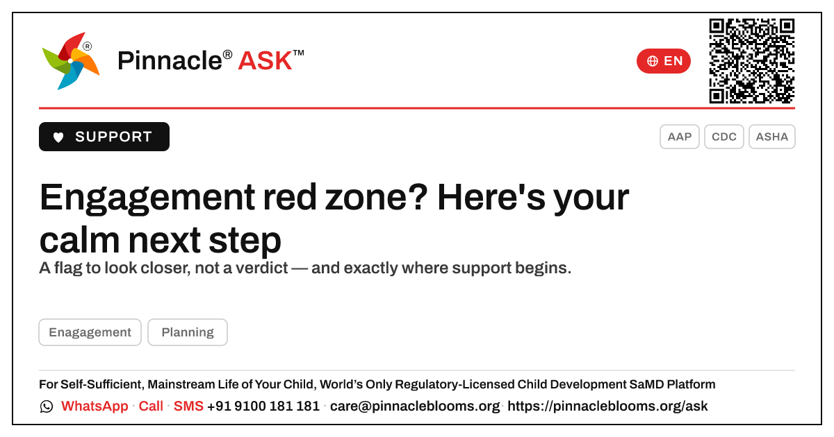 Engagement red zone — your calm next steps — Pinnacle Ask answer card with a short explanation and QR link