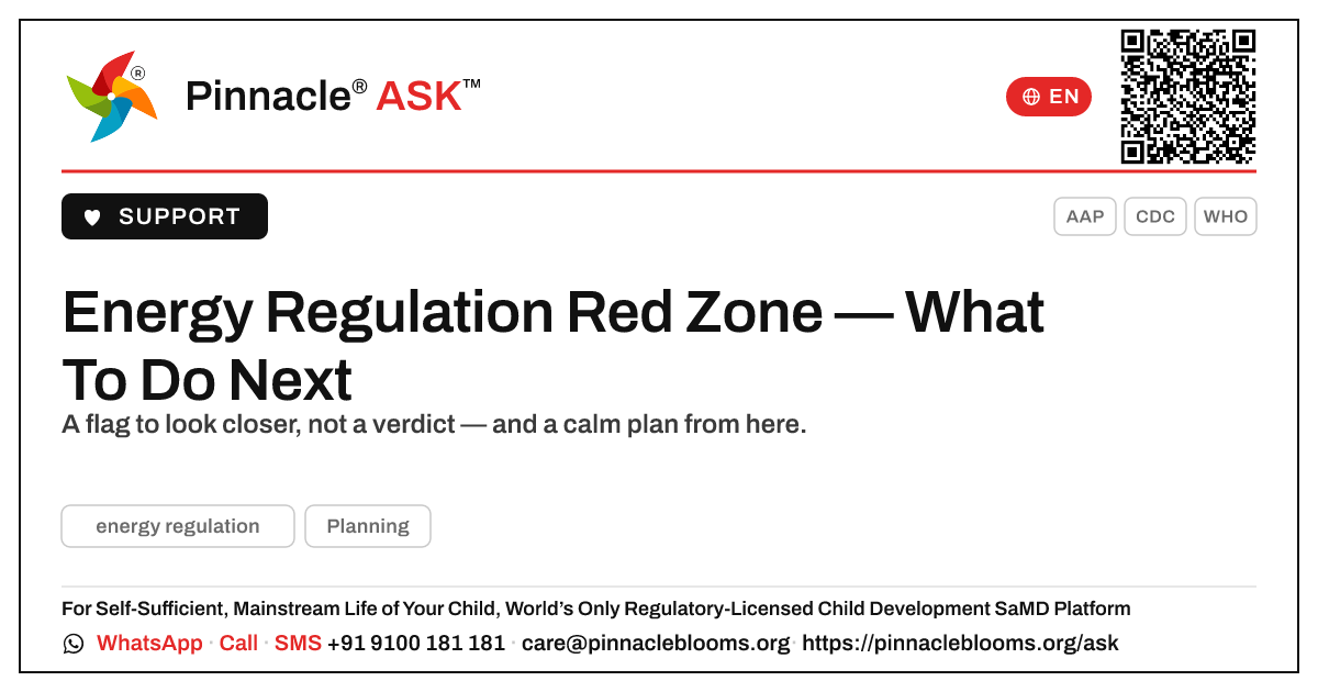 Energy Regulation Red Zone — Your Next Steps — Pinnacle Ask answer card with a short explanation and QR link