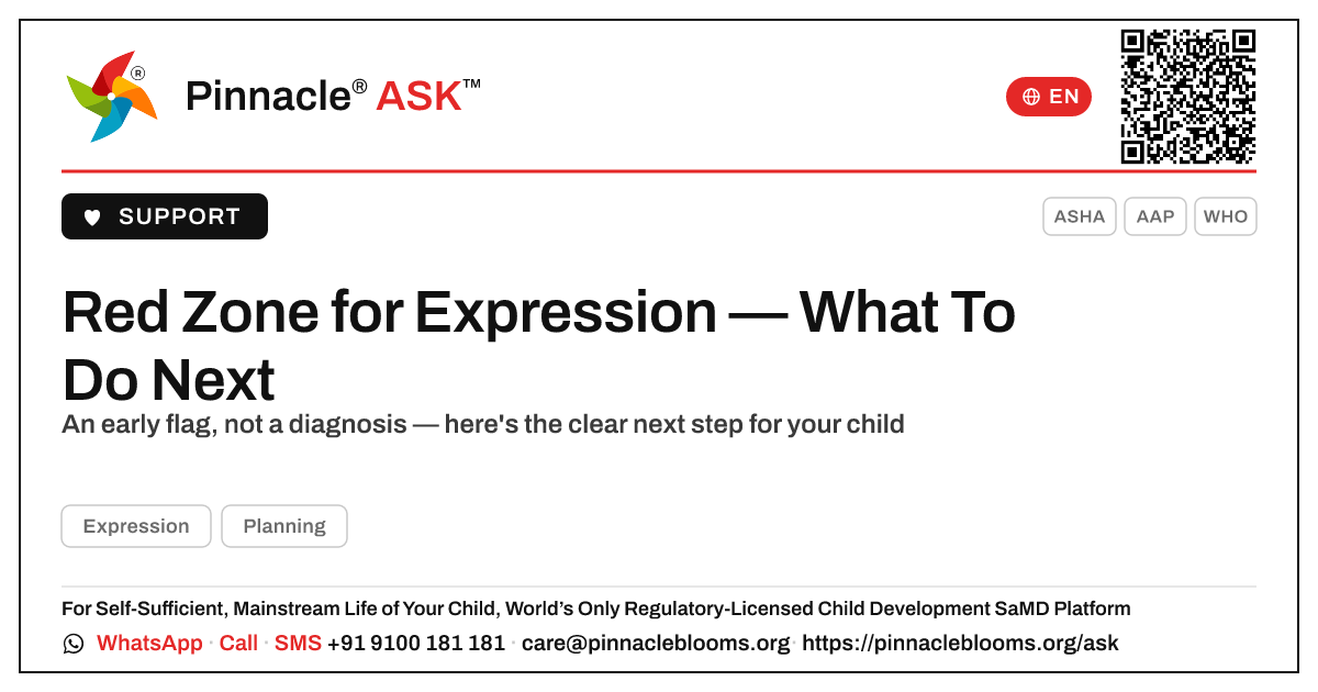 Red Zone for Expression — Your Next Steps — Pinnacle Ask answer card with a short explanation and QR link