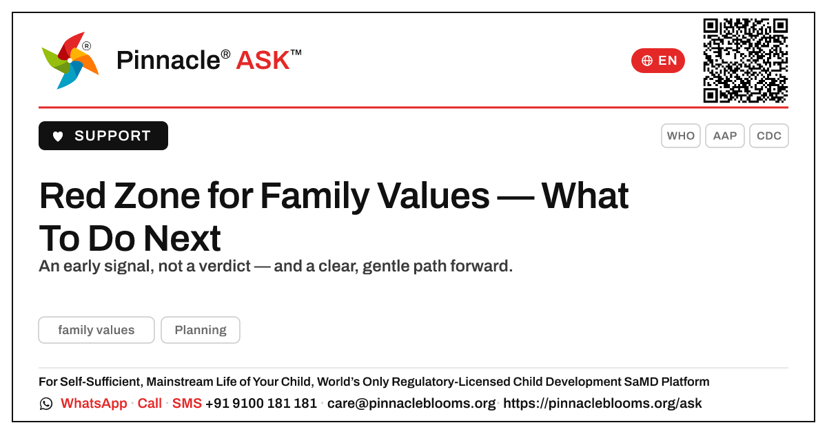 Red Zone for Family Values — What To Do Next — Pinnacle Ask answer card with a short explanation and QR link
