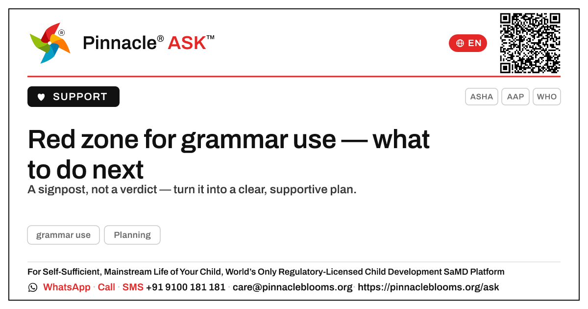 Red zone for grammar use — what should we do next? — Pinnacle Ask answer card with a short explanation and QR link