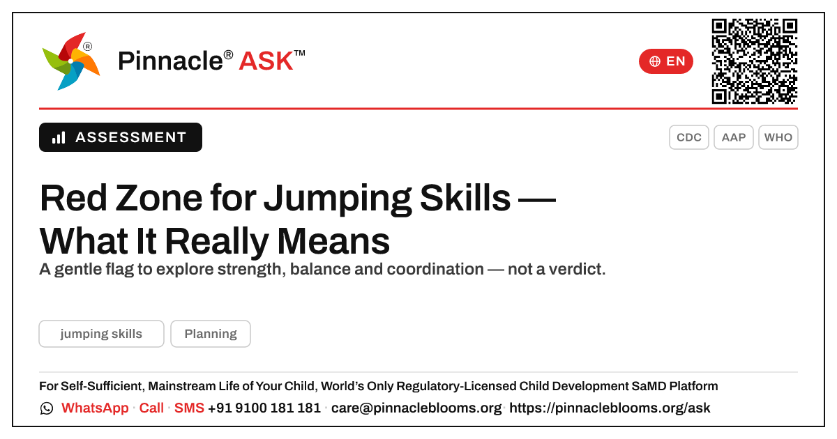 What a red zone for jumping skills means — Pinnacle Ask answer card with a short explanation and QR link