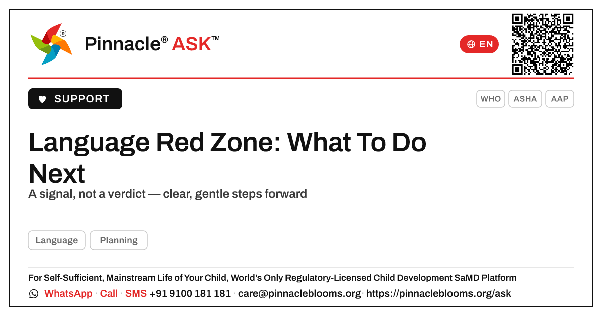 Language Red Zone — Your Next Steps — Pinnacle Ask answer card with a short explanation and QR link