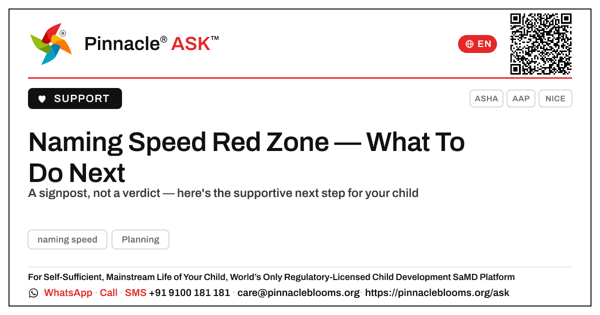 Naming Speed Red Zone: Your Next Steps — Pinnacle Ask answer card with a short explanation and QR link