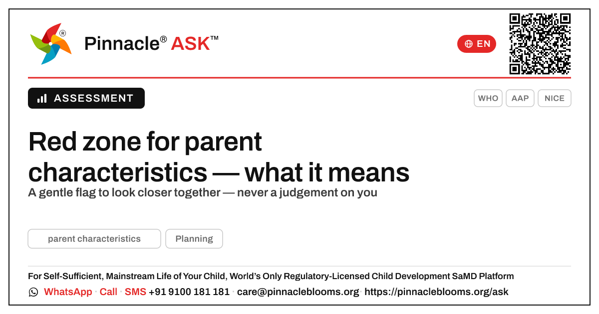 What a red zone for parent characteristics means — Pinnacle Ask answer card with a short explanation and QR link