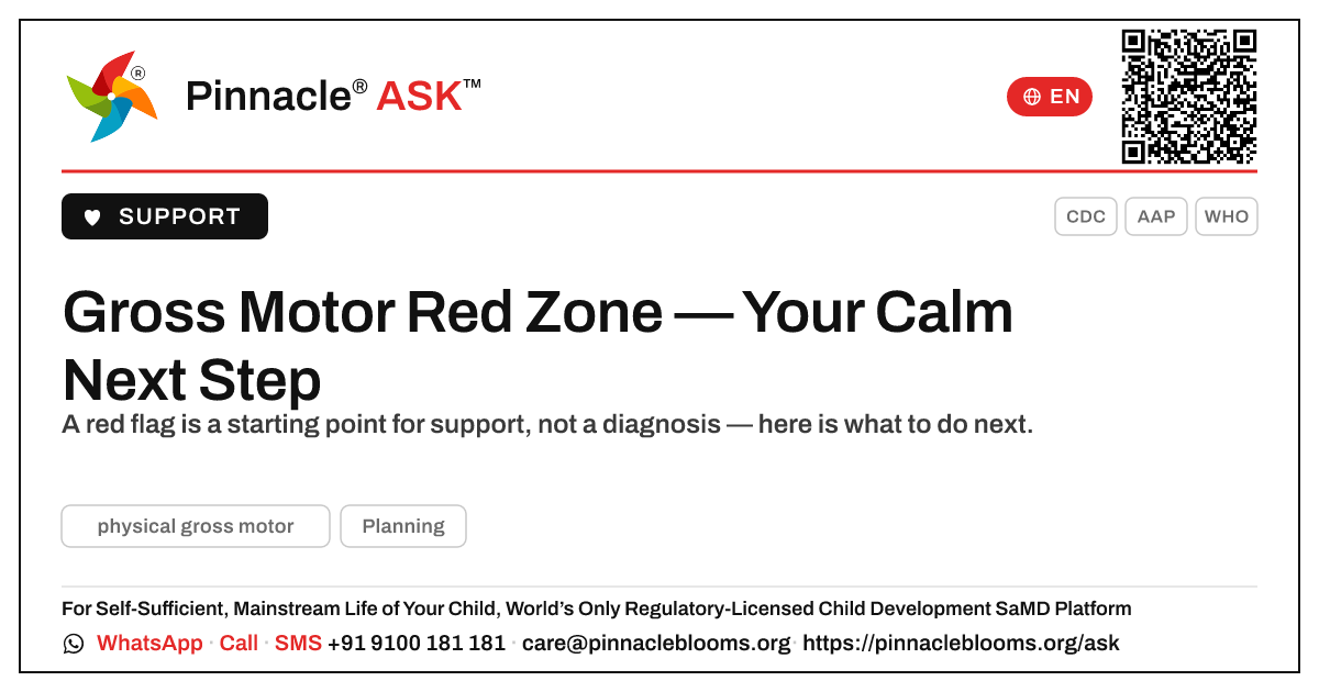 Gross Motor Red Zone — What To Do Next — Pinnacle Ask answer card with a short explanation and QR link