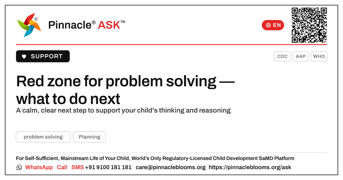 Red zone for problem solving — your next step — Pinnacle Ask answer card with a short explanation and QR link