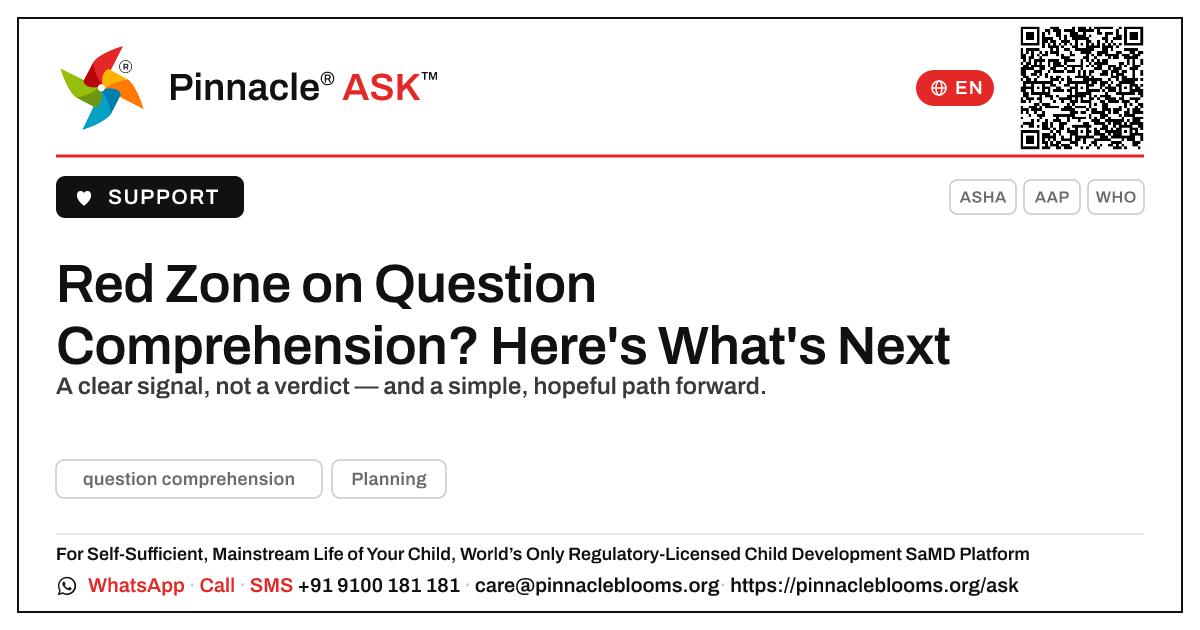 Question Comprehension Red Zone — What To Do Next — Pinnacle Ask answer card with a short explanation and QR link