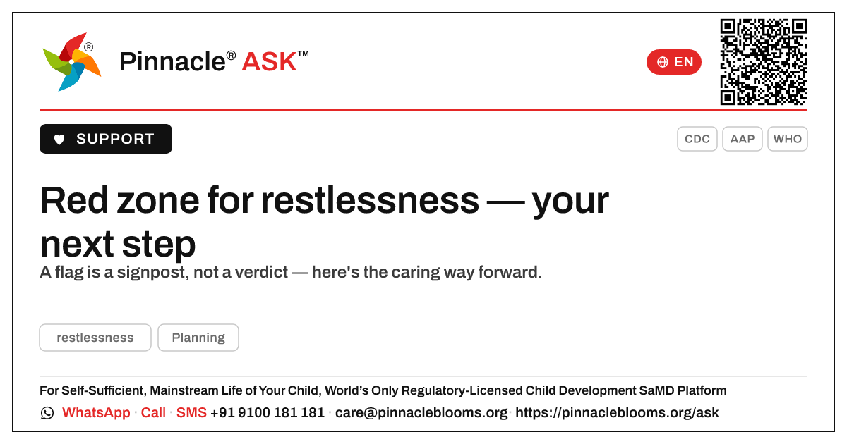 Red zone for restlessness — what should we do next? — Pinnacle Ask answer card with a short explanation and QR link