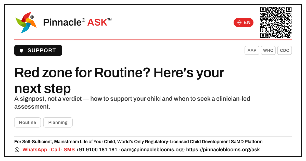 My child is in the red zone for Routine — what should we do next? — Pinnacle Ask answer card with a short explanation and QR link